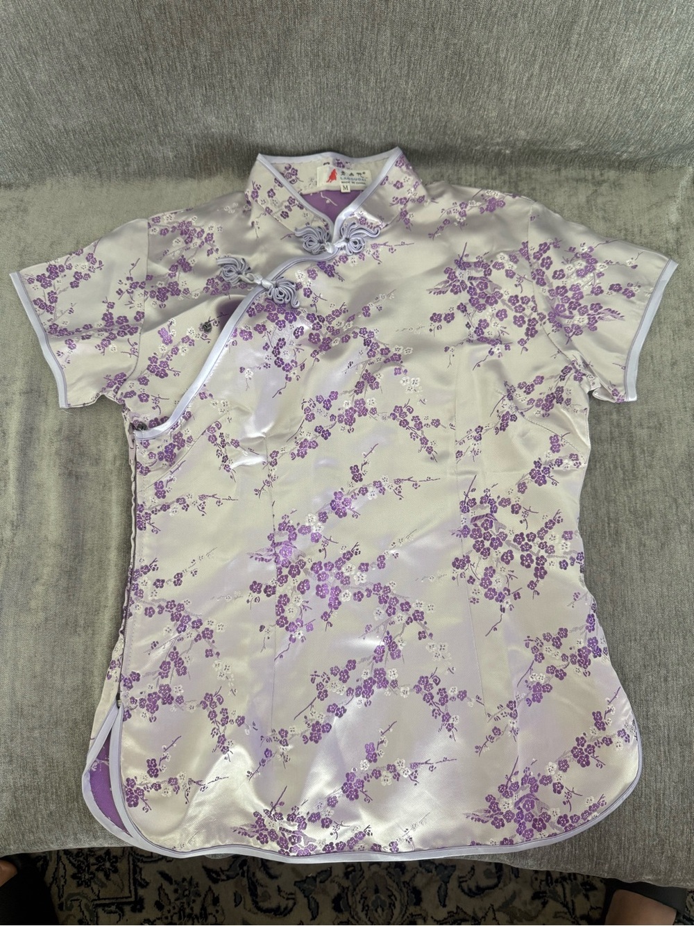 Silk-Feel Lavender Floral Qipao Top